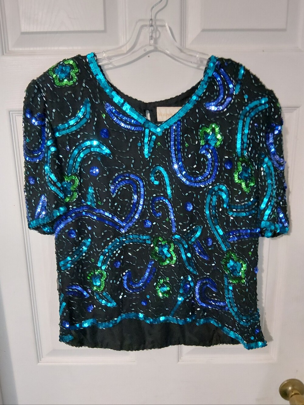 Monroe & Main Black Sequin Top with Blue & Green Accents